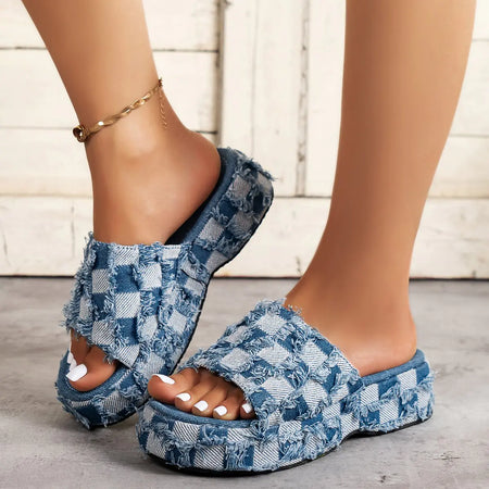 Women's Denim Slippers with Thick Slope Heel